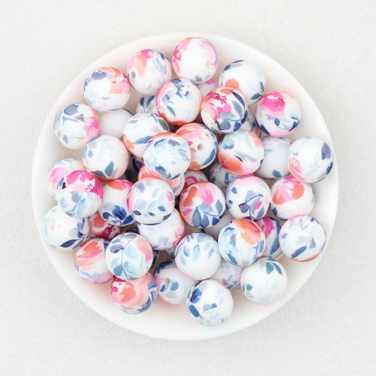 15mm Floral Pattern Silicone Beads Pastel Print 50pcs 2