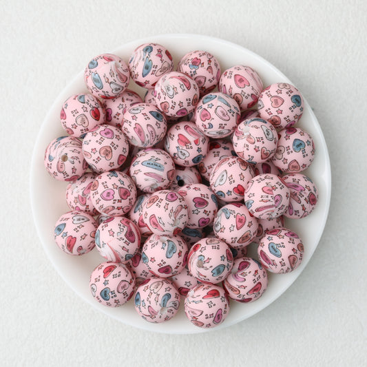 Valentine Heart Printed 15mm Printed Silicone Beads 50pcs 2