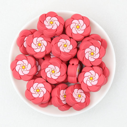 Floral Red Silicone Focal Beads with Pink Center 20 pcs 2