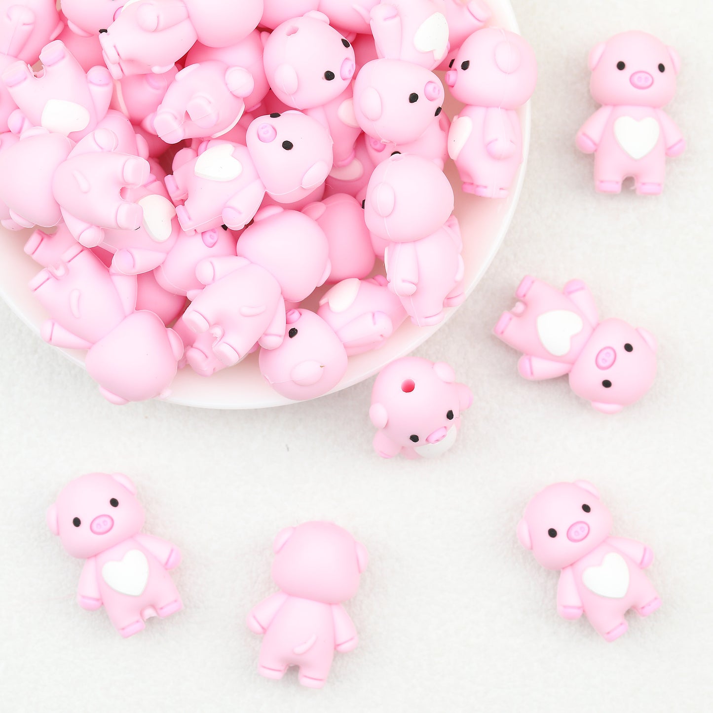 3D Light Pink Cute Heart Pig Silicone Focal Beads 20pcs