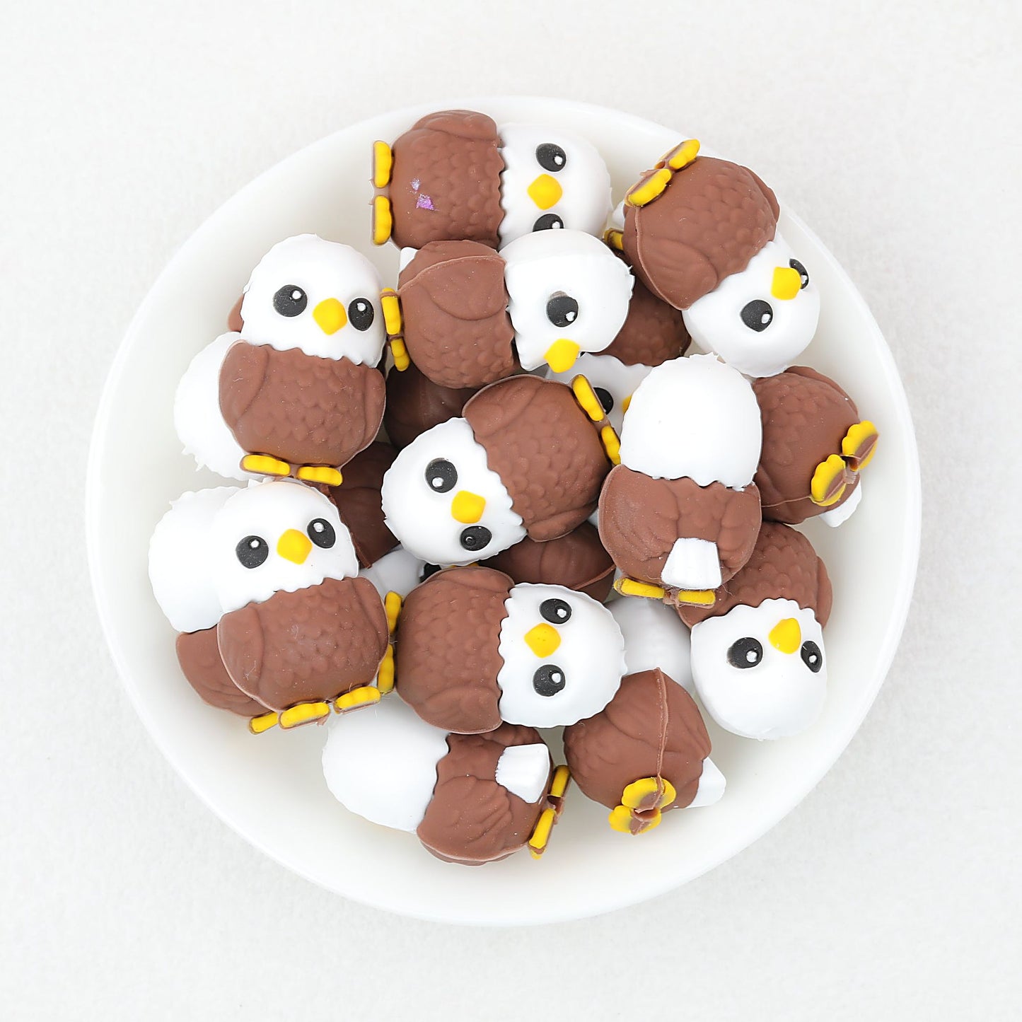 Cute 3D Owl Silicone Focal Beads Brown White Yellow 20pcs