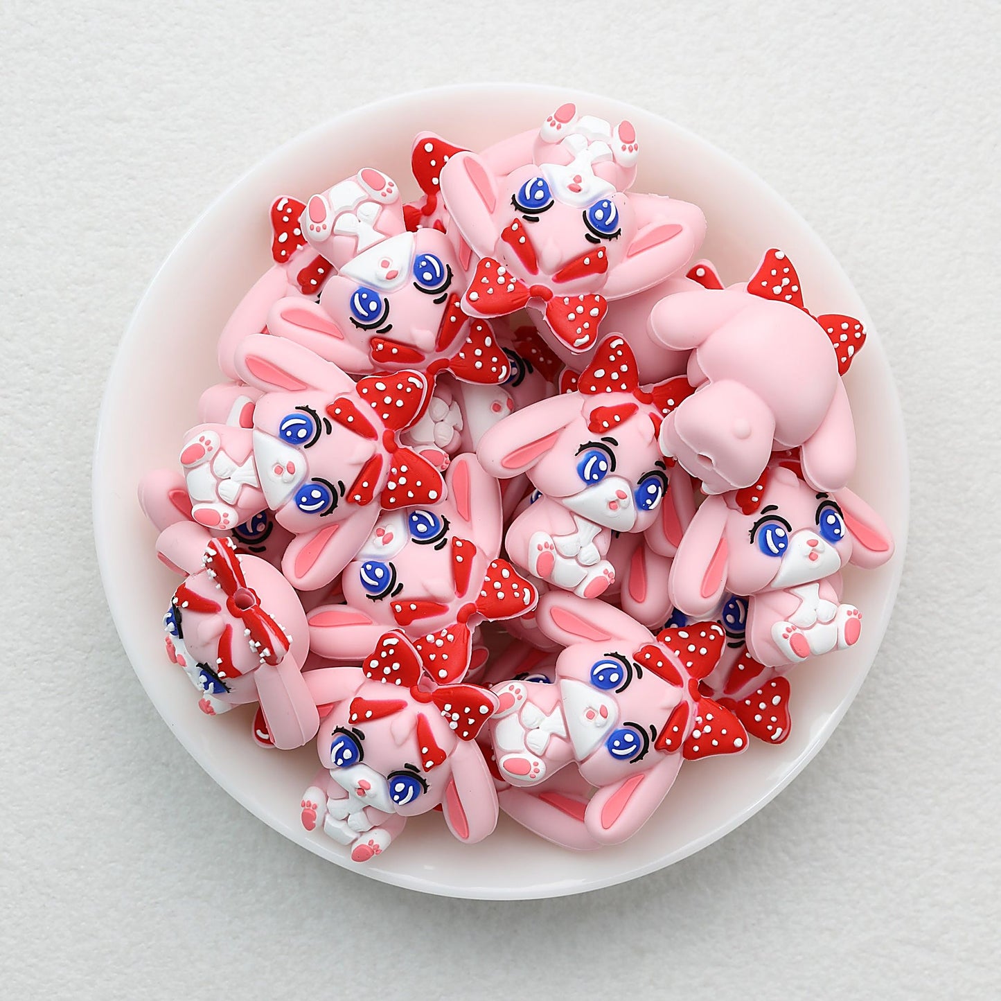 3D Pink Bunny Silicone Focal Beads with Red Polka Dot Bow 20pcs