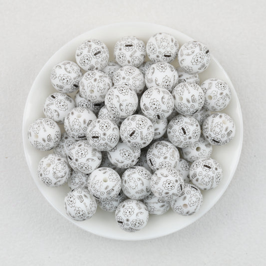 15mm Black and White Patterned Print Round Silicone Beads 50pcs 2