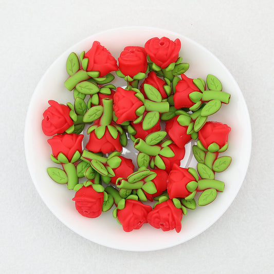 Red Rose 3D Silicone Focal Beads with Green Leaves 20pcs