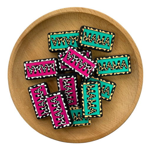 Silicone Focal Beads MAMA Leopard Cutout Pink and Teal 20pcs 2