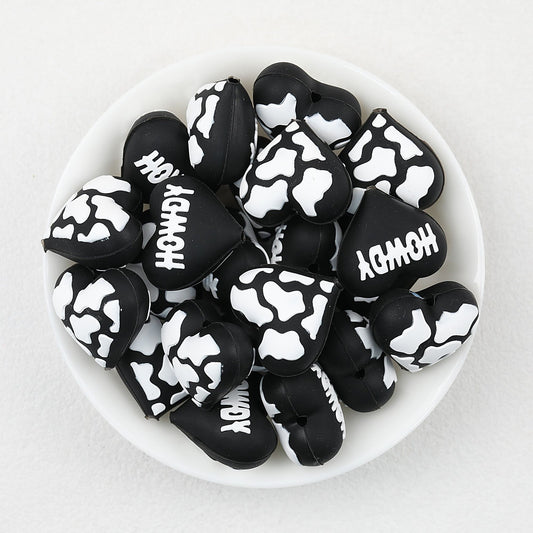 3D Western Cowboy Heart Silicone Focal Beads Cow Print 20pcs