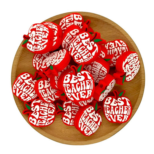 Silicone Focal Beads Teacher Red Apple Lettering 20pcs 2