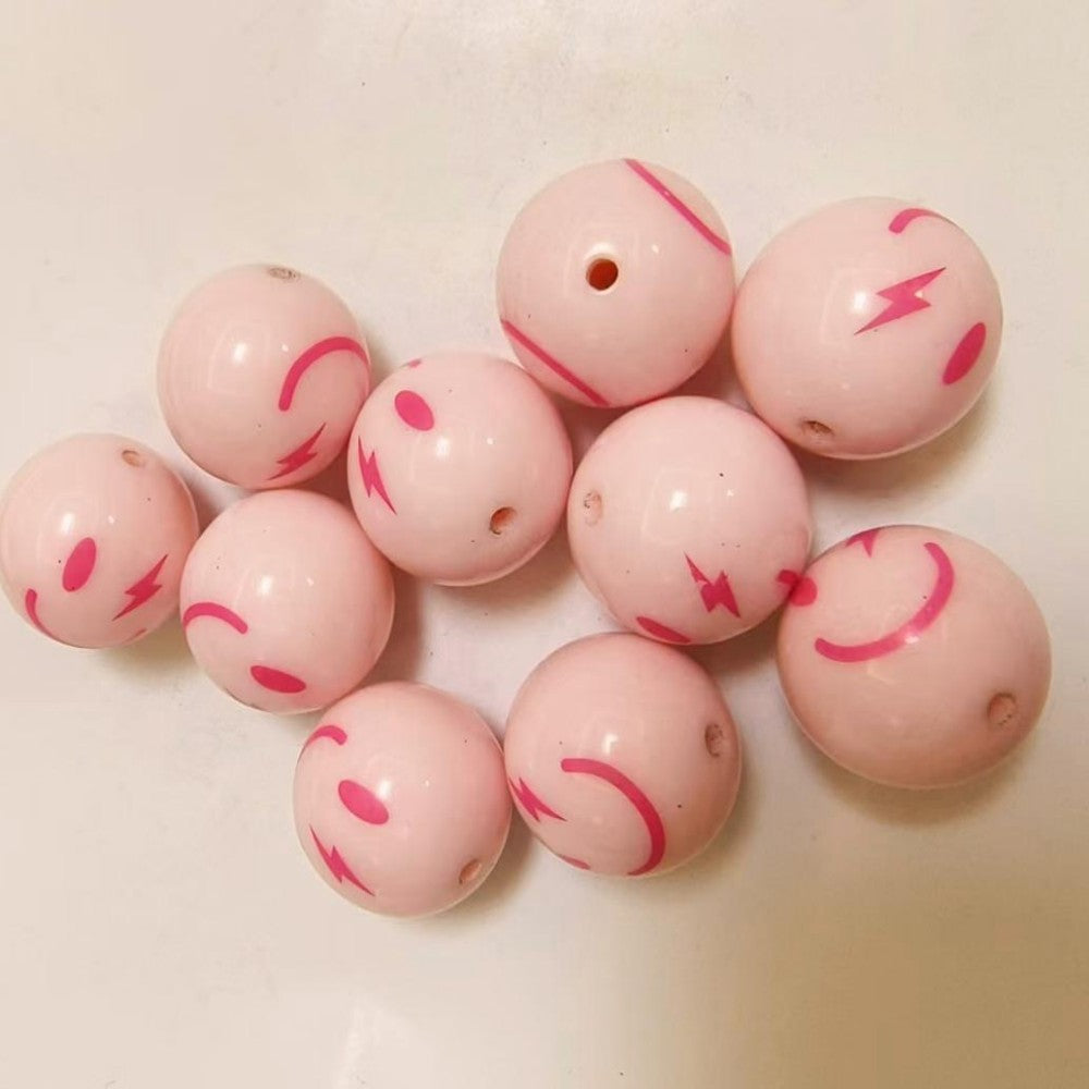 Pink 20mm Bubblegum Beads with Smiley Face Design 10pcs 3