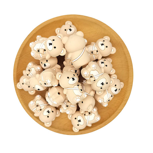 Silicone 3D Focal Beads Khaki Milk Tea Bear Holding Milk Tea Cup 2