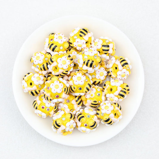 Bee and Flower 20mm Resin Bubblegum Beads Yellow White 10pcs - Yellow White