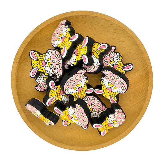 Silicone Focal Beads Easter Rabbit Wearing Yellow Hat Circle Badge 2