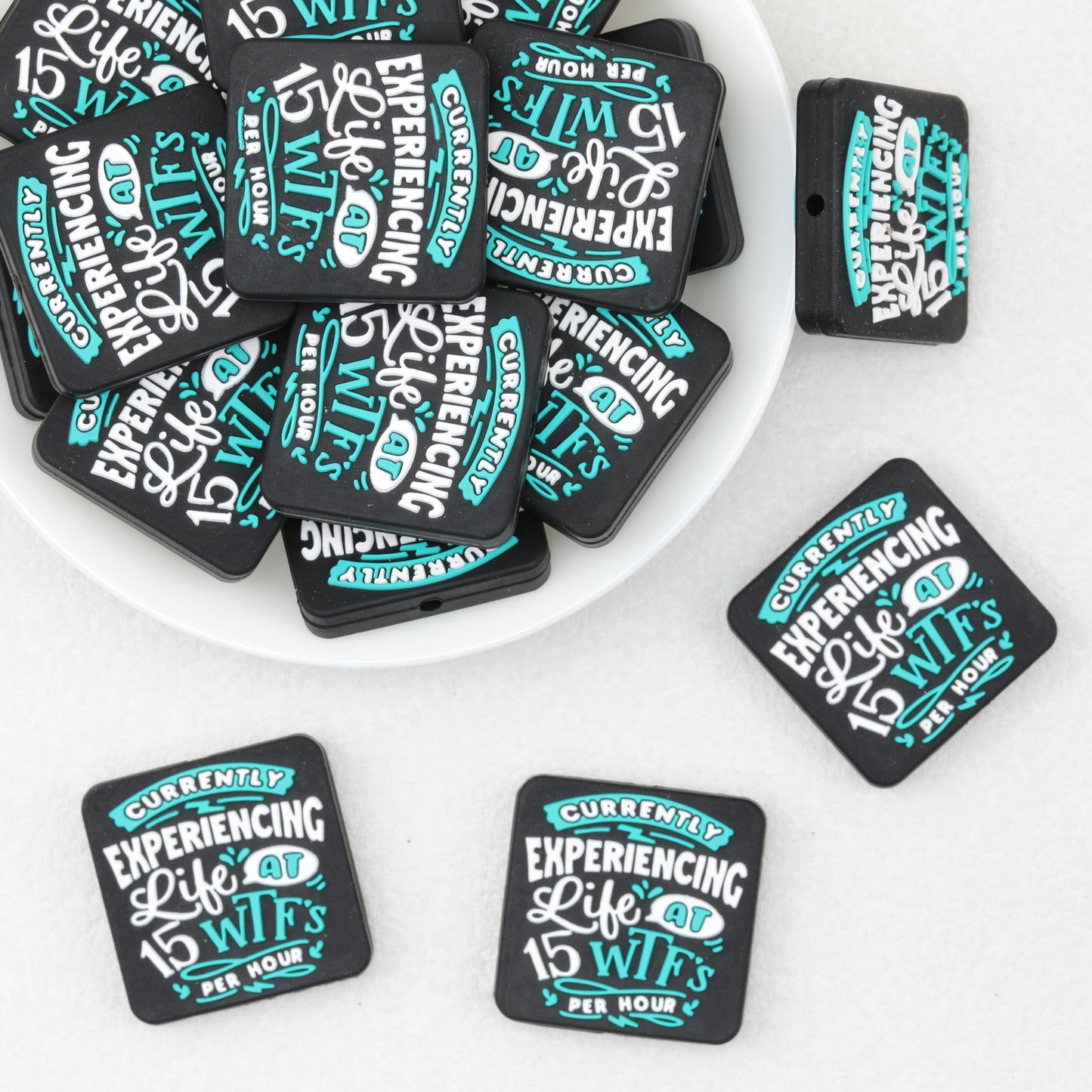 Blue Square Silicone Focal Beads with Text Design 20pcs