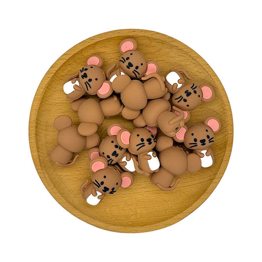 Silicone 3D Focal Beads Brown Mouse Front Facing 20pcs 2