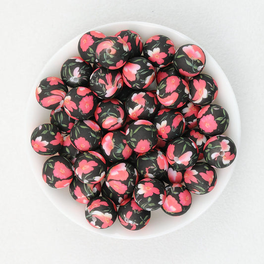 15mm Deep Color Pattern Printed Silicone Round Beads 50pcs - Pine Red Plum