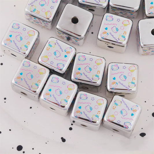 Silver Hello Kitty Printed Acrylic Square Beads 15mm 10pcs 2