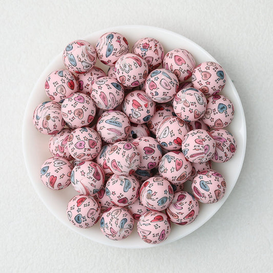 Valentine Heart Printed 15mm Printed Silicone Beads 50pcs - Pink