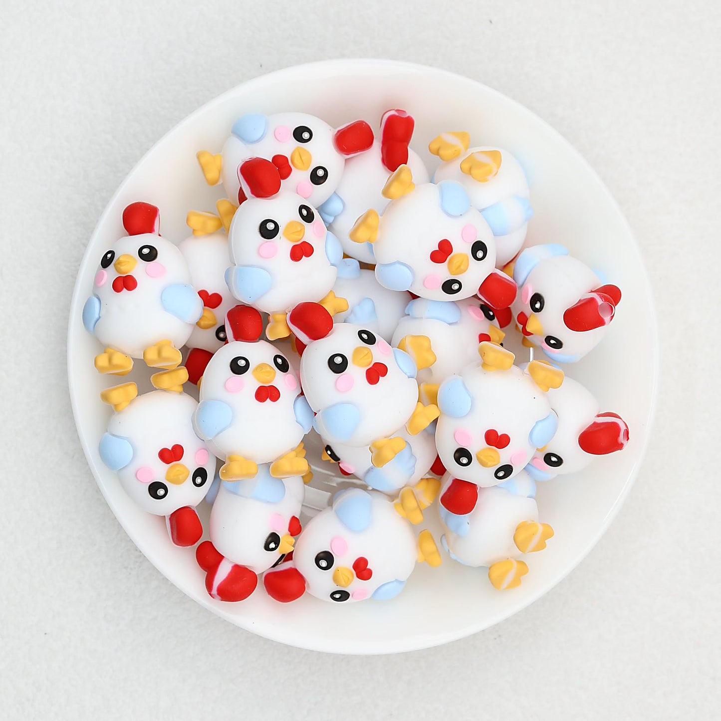Cute 3D Chicken Silicone Focal Beads White Blue Yellow Red 20pcs