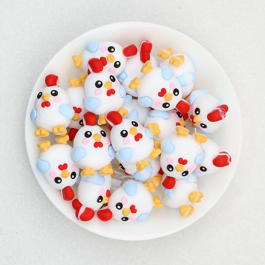 Cute 3D Chicken Silicone Focal Beads White Blue Yellow Red 20pcs