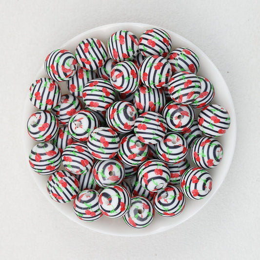 15mm Fruit Pattern Printed Silicone Round Beads 50pcs - Cherry Ring