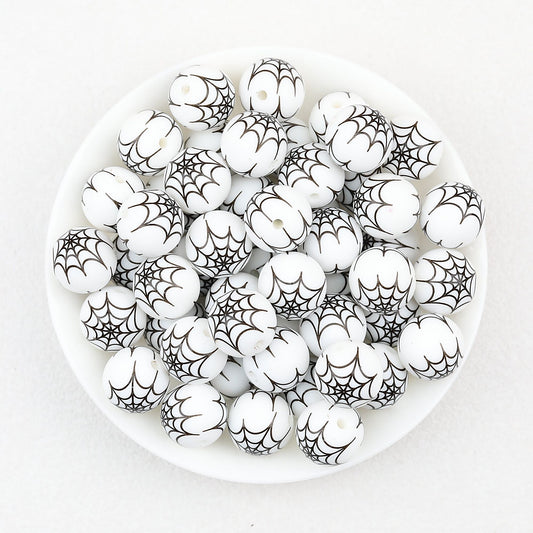 15mm Halloween Spider Web Printed Silicone Beads White Black 50pcs - Large Web
