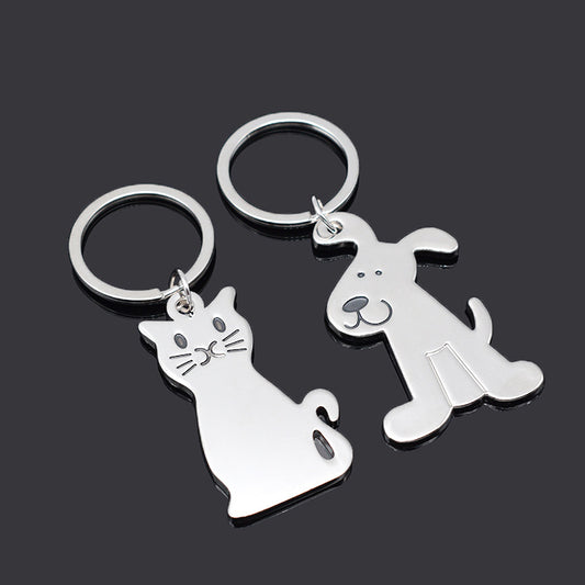 Metal Cat and Dog Keychain Silver Tone Animal Design 2