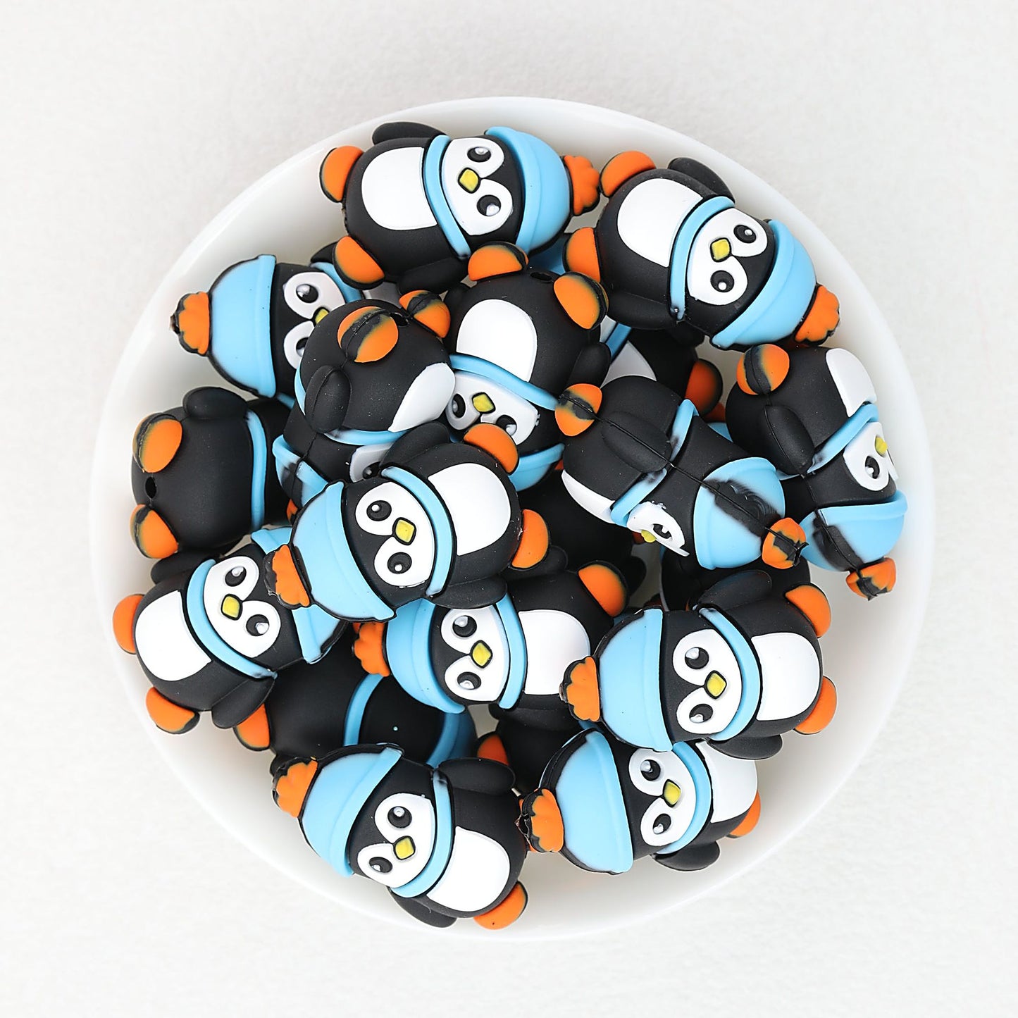 3D Winter Penguin Silicone Focal Beads with Blue Scarf 20pcs