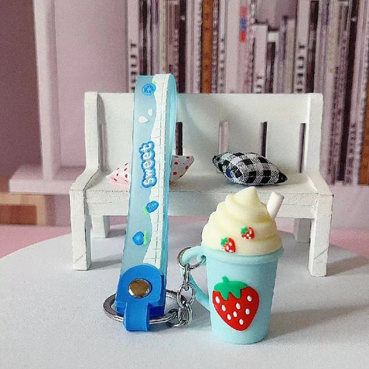 Silicone Strawberry Ice Cream Milk Tea Cup Keychain Pastel Colors 2
