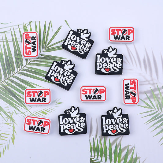Silicone Focal Beads Love Peace STOP WAR Phrase and Dove Heart 20pcs 2