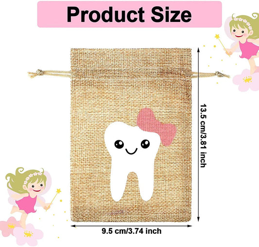 Cotton Linen Drawstring Cloth Bags Tooth Pattern 9.5x13.5cm 2pcs 2