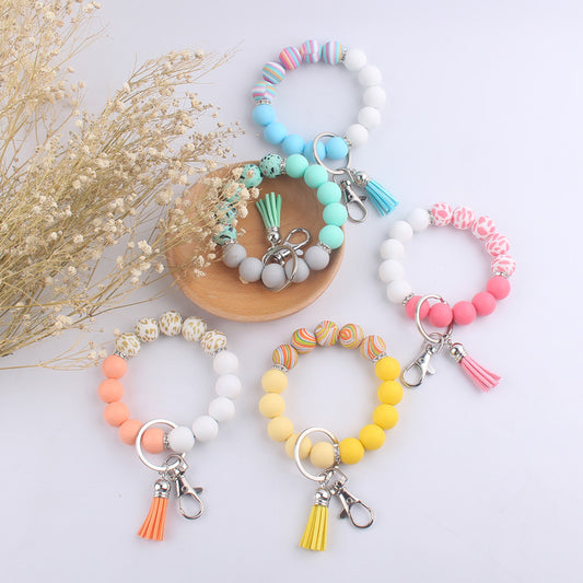Tassel Leopard Print Silicone Bead Wristlet Keychain Soft Matte 2