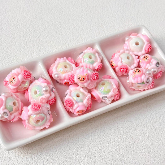 Hand Painted Floral Labub Acrylic Beads 16mm 10pcs 2