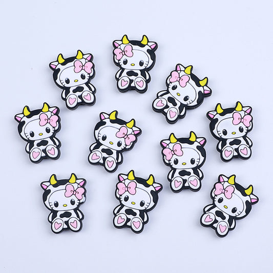 Silicone Focal Beads Cow Sitting Pose Yellow Horns Pink Bow 20pcs 2