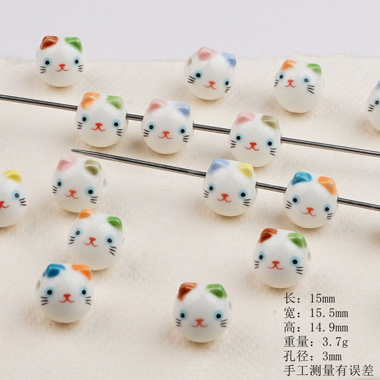 Colorful Cat Head Ceramic Beads 15mm Hand Painted 10pcs 2