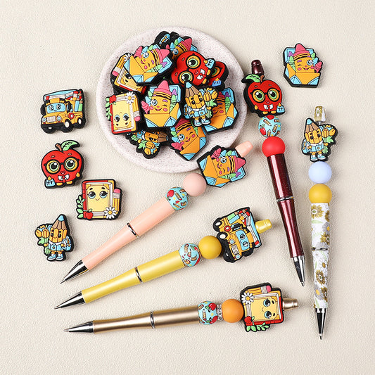 Silicone Focal Beads Cartoon Pencil Apple Holding Book 20pcs 2