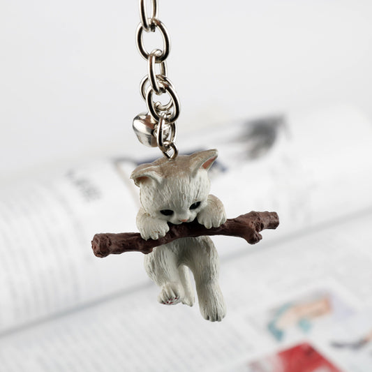 Resin Cat Keychain Cartoon Playful White Kitten with Branch Charm 2