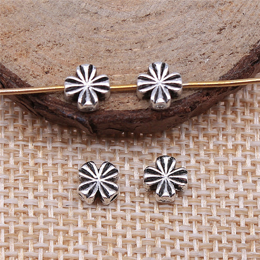 Striped Four-Leaf Clover Metal Beads 6mm Polished Silver Tone 100pcs 2