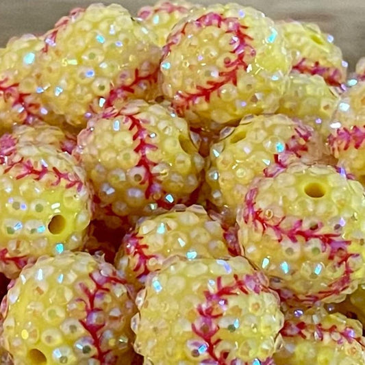 Rhinestone Bubblegum Beads 20mm Yellow Baseball Print 5pcs 2