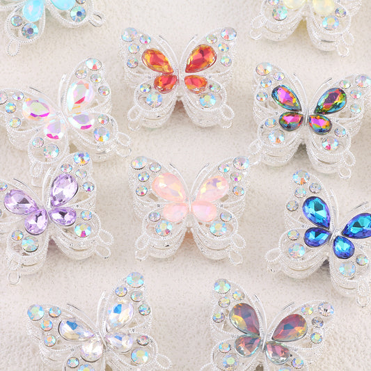 Double Sided Butterfly Rhinestone Beads 34mm Iridescent Alloy 2pcs 2