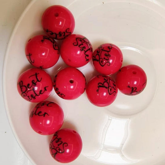 Printed Bubblegum Beads 20mm Rose Red Best Sister 20pcs 2
