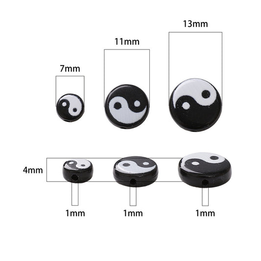 Tai Chi Flat Acrylic Beads 7-13mm Black White Color Printing 5pcs 2