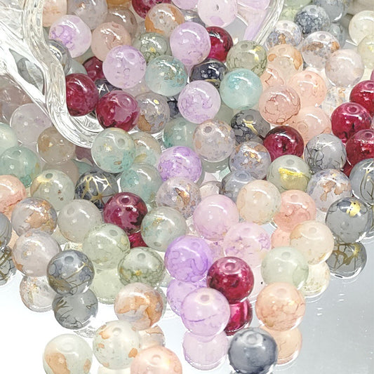 Frosted Round Glass Beads 8mm Marbled Soft Matte Gold Veining 50pcs 2