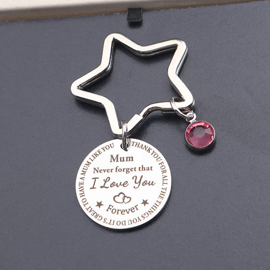 Stainless Steel Mum Round Keychain Star Ring Pink Crystal Charm 2