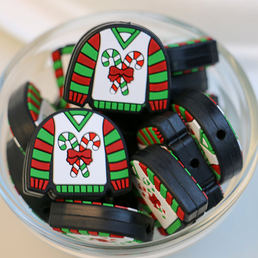 Silicone Focal Beads Christmas Sweater Candy Cane Detail 20pcs 2