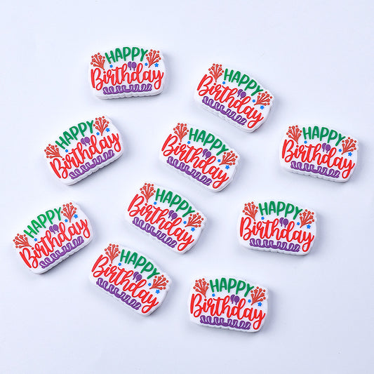 Silicone Focal Beads Unicorn KT Happy Birthday Layered Text 20pcs 2