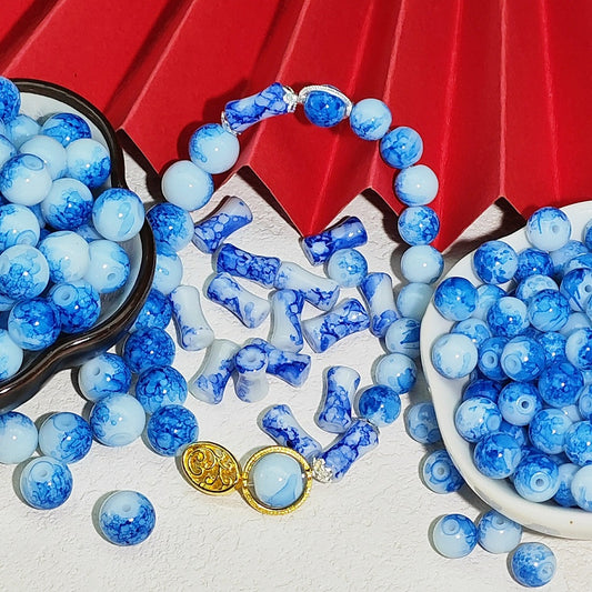 Antique Blue And White Porcelain Pattern Glass Beads 6x12mm 8mm 10mm 100pcs 2