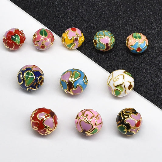 Flower Leaf Pattern Metal Beads 6/8/10mm Colorful Cloisonne Enamel 10pcs 2