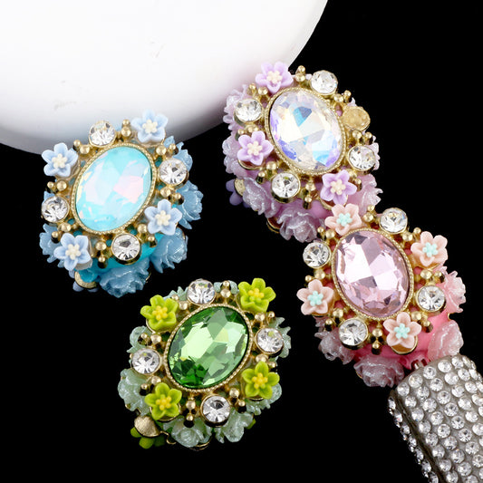Vintage Flower Wrapped Clay Beads 28mm Oval Rhinestone 2pcs 2