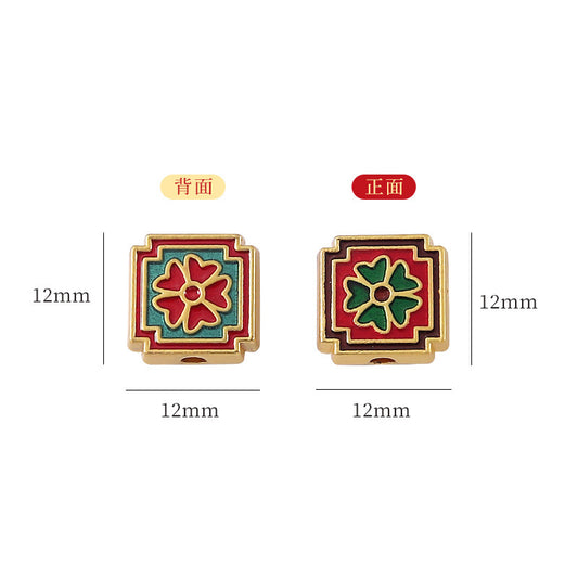Square Metal Beads 12mm Cloisonne Red Green Enamel Clovers 10pcs 2