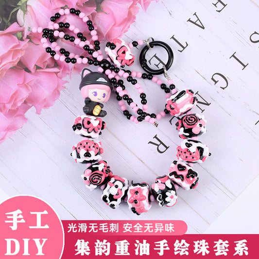 Hand Painted Acrylic Beads 16mm Black Pink Tone 10pcs 2