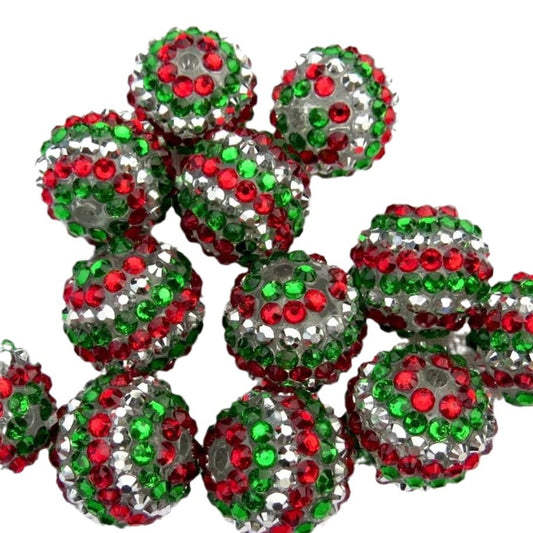 Rhinestone Bubblegum Beads 16-22mm Christmas Red Green White Striped 5pcs 2